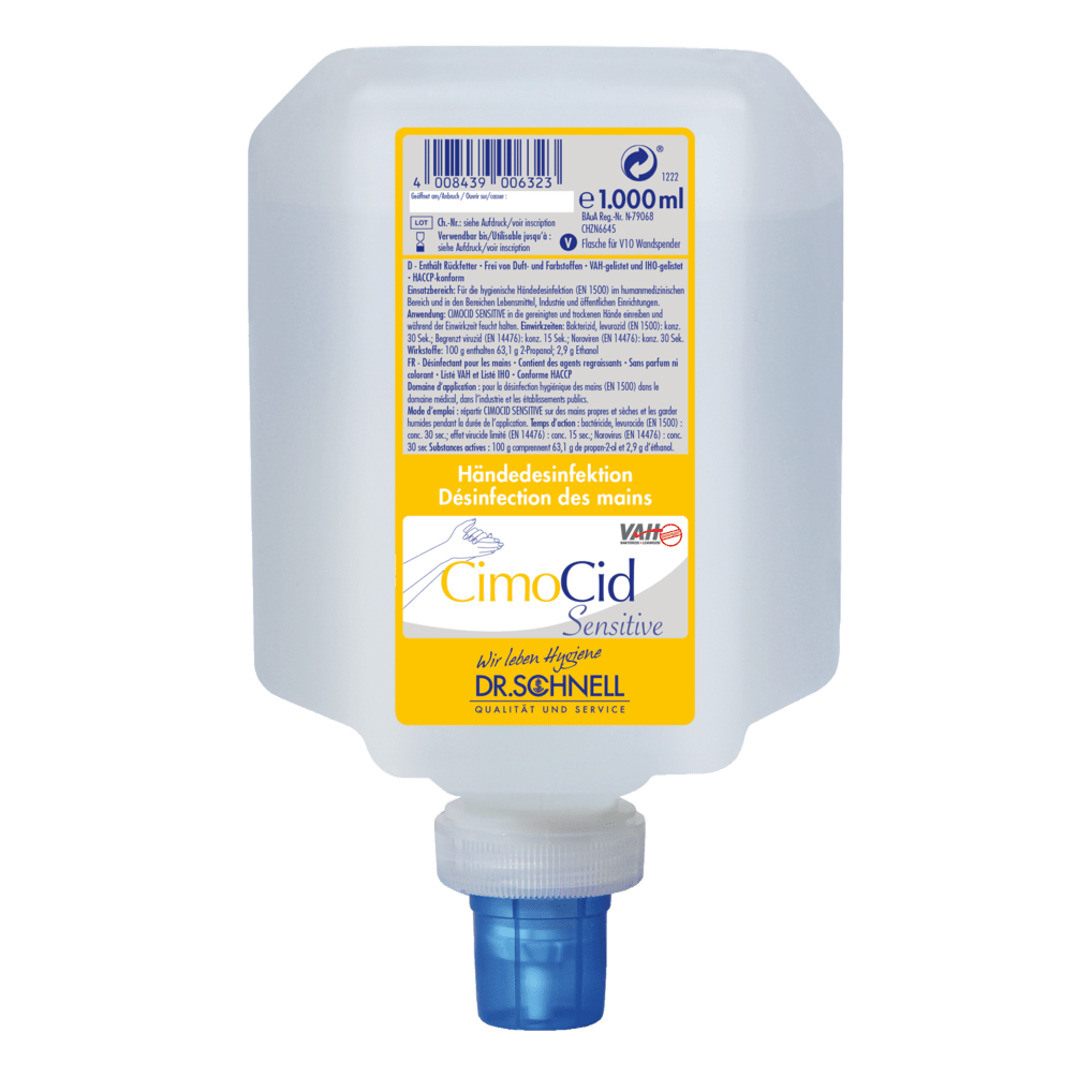 Ένα μπουκάλι 1000 ml Dr. Schnell CIMOCID SENSITIVE απολύμανσης χεριών της DR.SCHNELL GmbH & Co. KGaA εμφανίζεται σε τετράγωνο σχέδιο με βιδωτό καπάκι στο κάτω μέρος και κίτρινη-λευκή ετικέτα, που αναδεικνύει τη μαλακή και αποτελεσματική φόρμουλα υγιεινής.