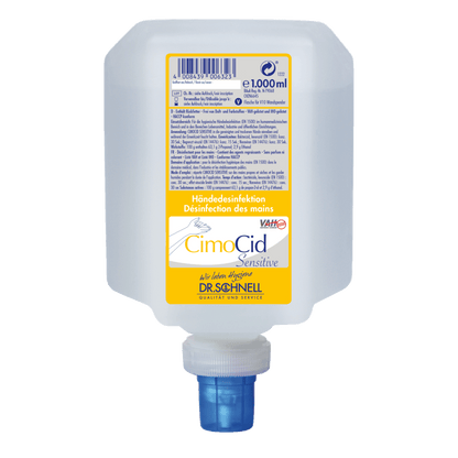 Ένα μπουκάλι 1000 ml Dr. Schnell CIMOCID SENSITIVE απολύμανσης χεριών της DR.SCHNELL GmbH & Co. KGaA εμφανίζεται σε τετράγωνο σχέδιο με βιδωτό καπάκι στο κάτω μέρος και κίτρινη-λευκή ετικέτα, που αναδεικνύει τη μαλακή και αποτελεσματική φόρμουλα υγιεινής.