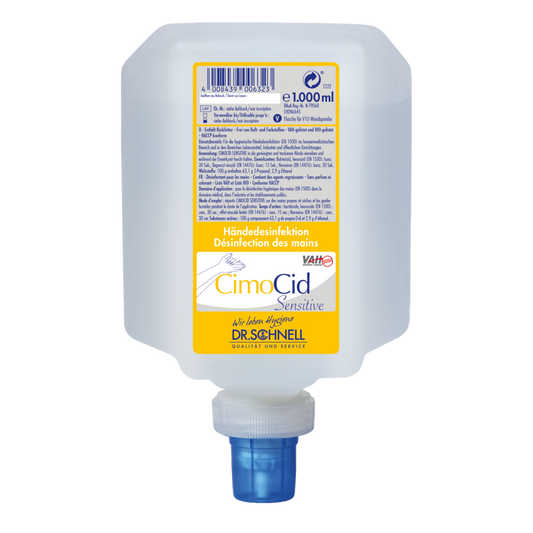 Eine 1000 ml Dr. Schnell CIMOCID SENSITIVE Händedesinfektion Flasche der DR.SCHNELL GmbH & Co. KGaA zeigt sich im quadratischen Design mit Schraubverschluss am Boden und gelb-weißem Etikett, das die sanfte und wirksame Hygieneformel hervorhebt.
