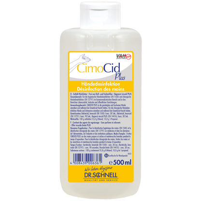 Eine 500 ml Flasche Dr. Schnell CIMOCID PLUS Händedesinfektion der DR.SCHNELL GmbH & Co. KGaA mit weißem Flip-Top-Verschluss; das Etikett enthält deutsche und französische Produktangaben, Anwendungshinweise und Sicherheitsinformationen.