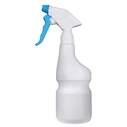 Η Dr. Schnell άδεια φιάλη ψεκασμού χεριών 600 ml από την DR.SCHNELL GmbH & Co. KGaA είναι ένα λευκό πλαστικό μπουκάλι ψεκασμού με μπλε κεφαλή ψεκασμού, άδειο σε λευκό φόντο, ιδανικό για καθαριστικά και με ανάγλυφο branding.