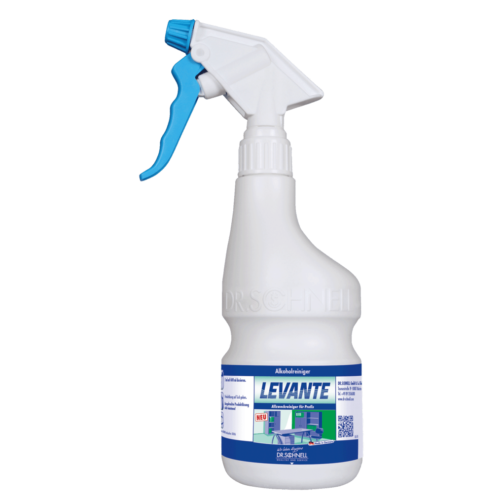 Η Dr. Schnell άδεια φιάλη ψεκασμού χεριών 600 ml από την DR.SCHNELL GmbH & Co. KGaA είναι ένα λευκό πλαστικό μπουκάλι ψεκασμού με μπλε σκανδάλη και ετικέτα "LEVANTE", που απεικονίζεται όρθια μπροστά σε ένα λευκό φόντο.