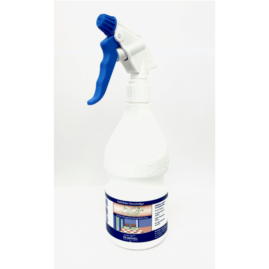 Ένα λευκό Dr. Schnell άδειο φιάλη ψεκασμού χεριών 600 ml από την DR.SCHNELL GmbH & Co. KGaA είναι εξοπλισμένο με μπλε σκανδάλη και ετικέτα κτιρίου, ιδανικό για χρήση ως καθαριστικό και απεικονίζεται σε ένα απλό λευκό φόντο.