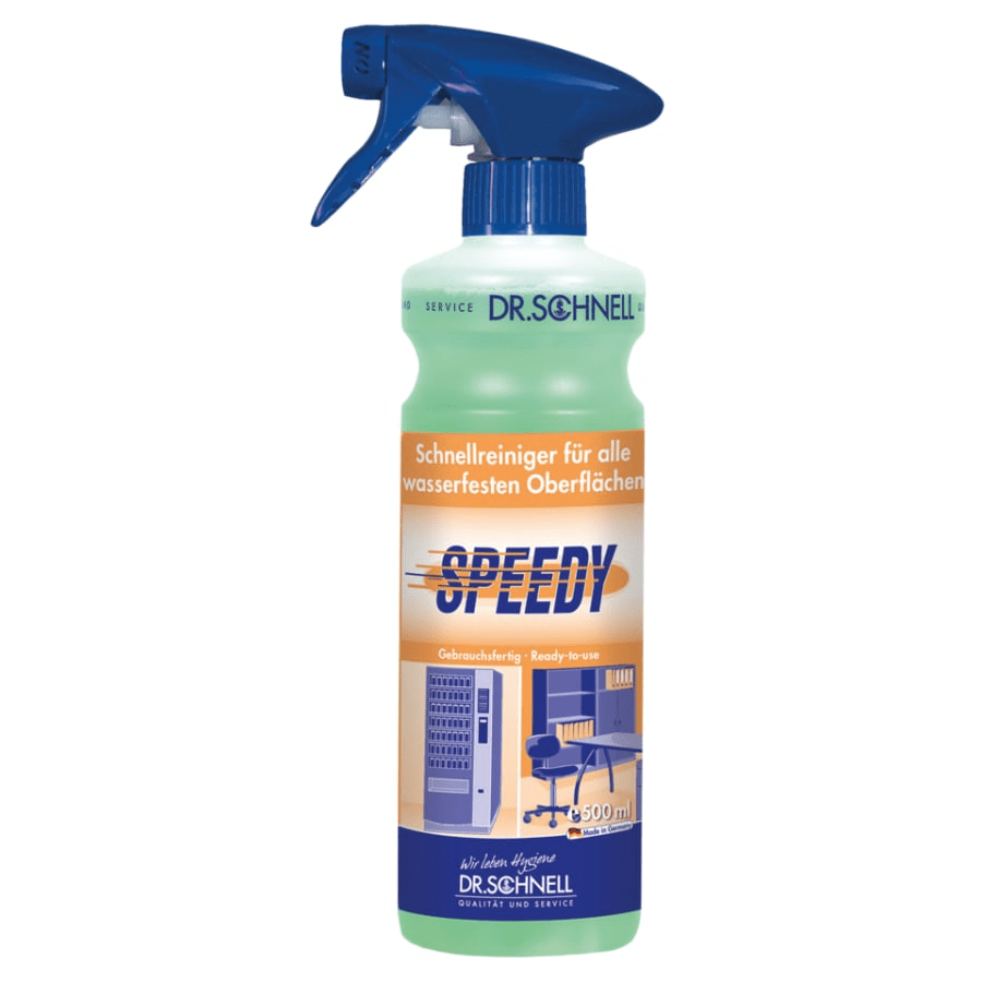 Ένα μπουκάλι 500 ml της DR.SCHNELL GmbH & Co. KGaA Dr. Schnell SPEEDY, με μπλε απόσπασμα και πράσινο υγρό, ιδανικό για τον γρήγορο καθαρισμό όλων των αδιάβροχων επιφανειών - γερμανική ετικέτα με εικόνες καθαρισμού, τέλειο για κάθε νοικοκυριό.
