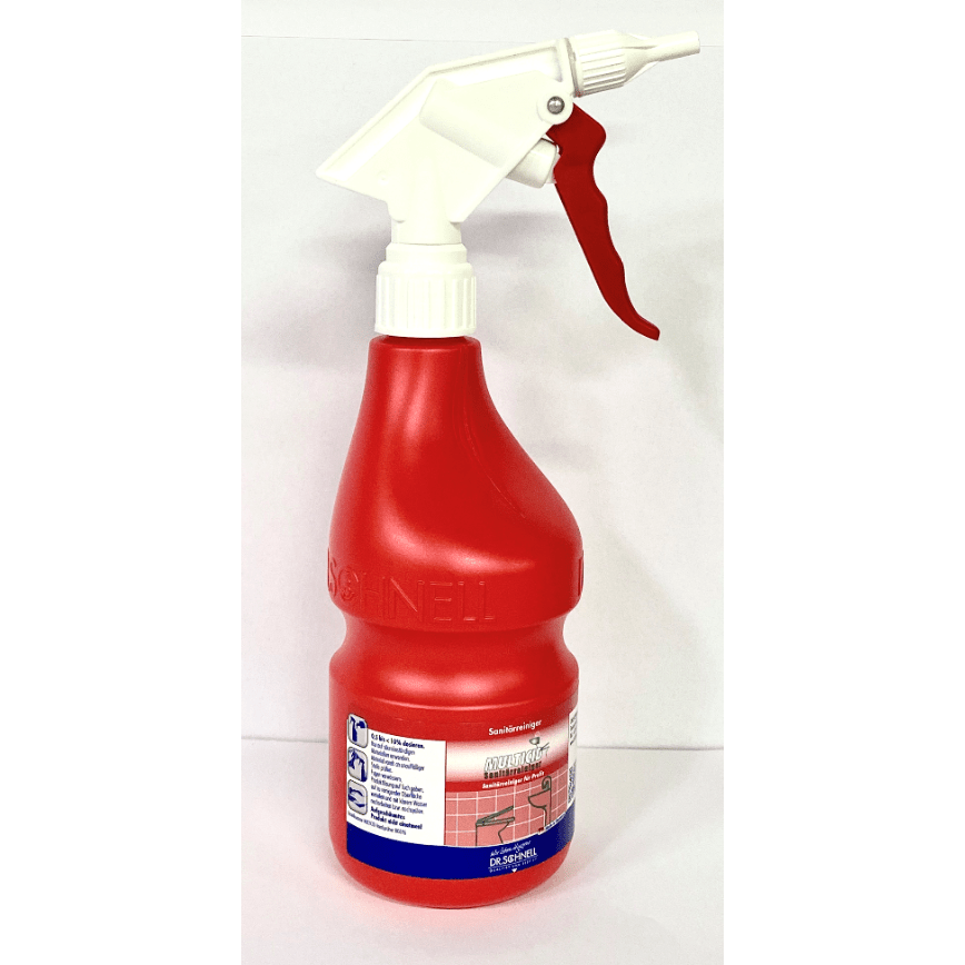 Η DR.SCHNELL GmbH & Co. KGaA Dr. Schnell άδεια φιάλη ψεκασμού χεριών 600 ml, ένα κόκκινο πλαστικό μπουκάλι ψεκασμού με λευκή-κόκκινη σκανδάλη και σύμβολα εφαρμογής στο μπροστινό μέρος, στέκεται όρθια σε ένα απλό λευκό φόντο.