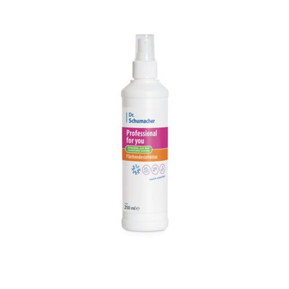 Ένα λευκό μπουκάλι σπρέι 250 ml της Dr. Schumacher GmbH Professional for you απολύμανσης επιφανειών με ροζ-πορτοκαλί ετικέτα στέκεται όρθιο σε λευκό φόντο. Κατάλληλο για απολύμανση και καθαρισμό επιφανειών.