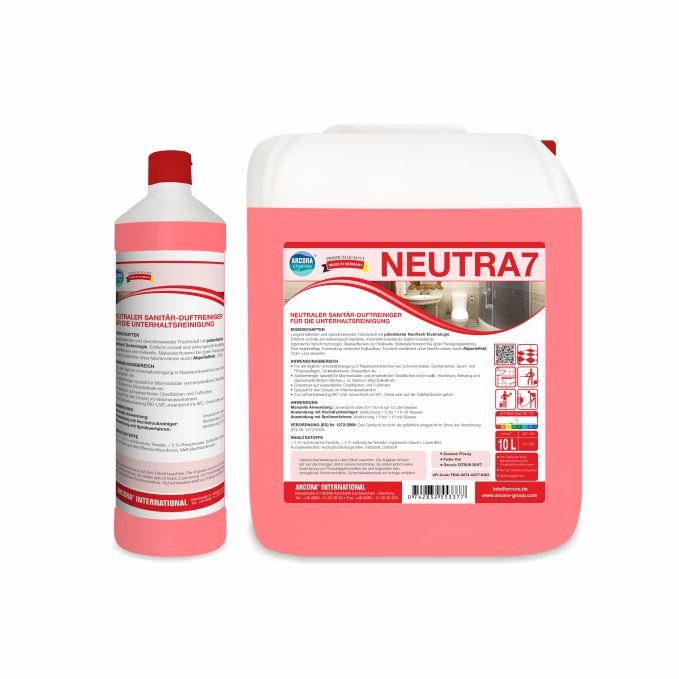 Δύο δοχεία Arcora NEUTRA 7 - ένα ψηλό μπουκάλι με κόκκινο καπάκι και μια μεγάλη κανάτα - απεικονίζονται, και τα δύο με γερμανικές ετικέτες ως "ΟΥΔΕΤΕΡΟ ΑΡΩΜΑΤΙΚΟ ΚΑΘΑΡΙΣΤΙΚΟ ΥΓΙΕΙΝΗΣ ΓΙΑ ΤΟΝ ΚΑΘΑΡΙΣΜΟ ΣΥΝΤΗΡΗΣΗΣ" της Arcora International GmbH.