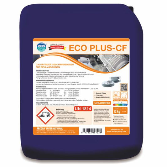 Ein blauer 12-kg-Behälter mit Arcora Eco Plus-Cf Chlorfreier Geschirrreiniger für Spülmaschinen von Arcora International GmbH, mit Produktdetails, Sicherheitssymbolen, Anweisungen und Bildern von blitzsauberem Geschirr auf dem Etikett.