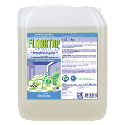 Ένας μεγάλος, διαφανής πλαστικός περιέκτης με την επιγραφή "Dr. Schnell Floortop Sensitive, καθαριστικό δαπέδου υψηλής απόδοσης, χωρίς άρωμα" της DR.SCHNELL GmbH & Co. KGaA είναι εξοπλισμένος με πράσινο καπάκι, πολυγλωσσικές πληροφορίες και μια εικονογράφηση καθαρισμού στην μπροστινή πλευρά.