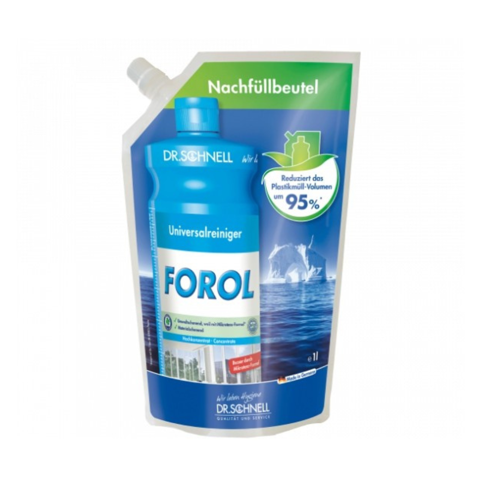 Ein 1-Liter-Nachfüllbeutel von Dr. Schnell Forol Universalreiniger Oberflächen Konzentrat der DR.SCHNELL GmbH & Co. KGaA mit blau-weiß-grüner Beschriftung und Ausgießer ist zu 95% plastikfrei verpackt.