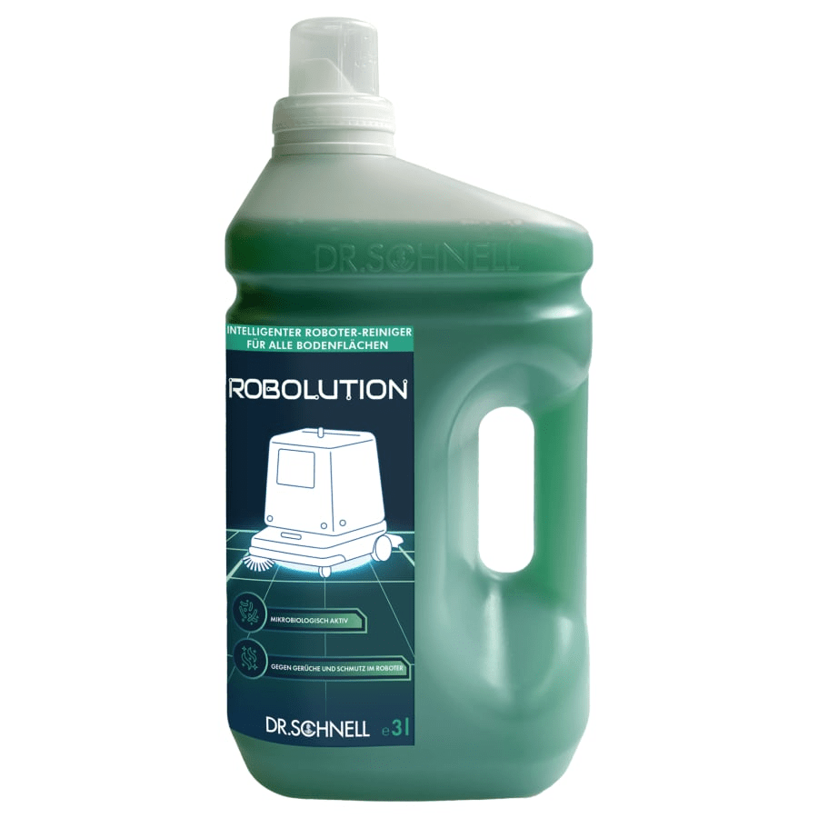 Μια μεγάλη πράσινη πλαστική φιάλη 3 λίτρων της DR.SCHNELL GmbH & Co. KGaA Robolution 2-in-1 καθαριστικό ρομπότ, με λαβή, λευκό καπάκι και μια ετικέτα που δείχνει ένα σκίτσο ενός καθαριστικού ρομπότ και γερμανικές πληροφορίες προϊόντος.