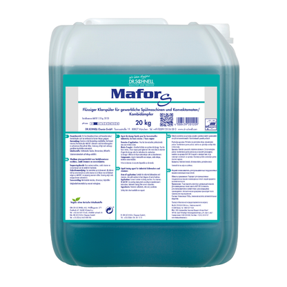 Ein 20-kg-Kunststoffbehälter von Dr. Schnell MAFOR S Saurer Klarspüler für gewerbliche Geschirrspülmaschinen von DR.SCHNELL GmbH & Co. KGaA, blaue Flüssigkeit, mit einem deutschen weiß-grünen Etikett mit Produktinformation und Sicherheitshinweisen.