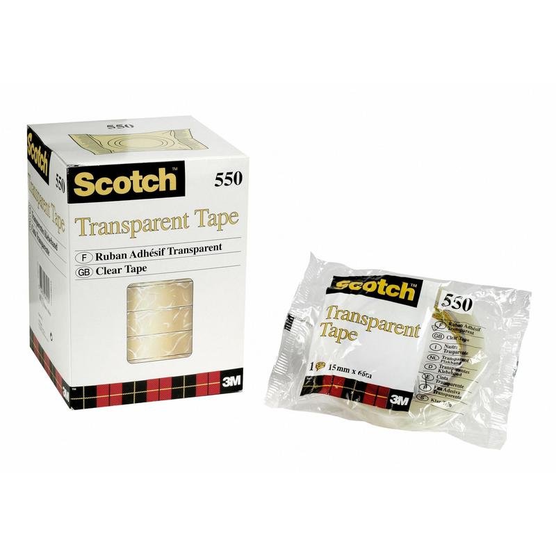Ένα κουτί και ένας μεμονωμένος ρόλος Scotch® Διάφανη Κολλητική Ταινία 550 της 3M Deutschland GmbH απεικονίζονται δίπλα-δίπλα, και τα δύο με το λογότυπο Scotch, πληροφορίες προϊόντος και ένα κόκκινο-μαύρο καρό μοτίβο στη συσκευασία.