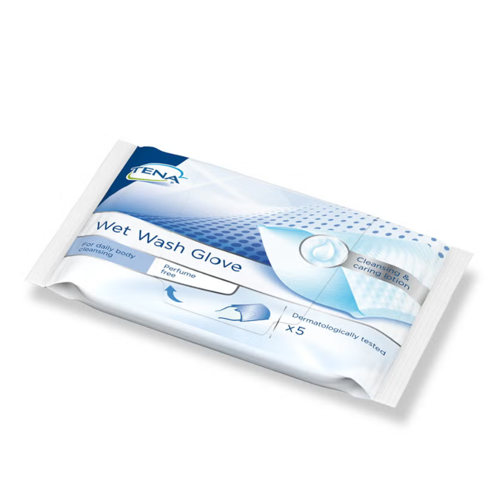 Der TENA Wet Wash Glove unparfümiert (5 Stück) von TENA - Essity Germany GmbH ist dermatologisch getestet für empfindliche Haut, ideal für die tägliche Reinigung und kommt in einer weiß-blauen Verpackung mit den wichtigsten Produktinformationen.
