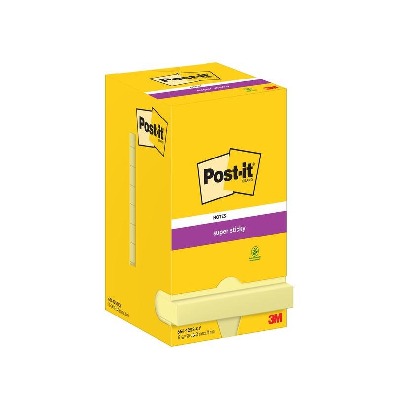 Ένα κίτρινο κουτί Post-it® Super Sticky Notes (76 mm x 76 mm, 90 φύλλα/μπλοκ) της 3M Deutschland GmbH εμφανίζεται όρθιο, με το όνομα της μάρκας και του προϊόντος και ένα άνοιγμα στο κάτω μέρος για εύκολη αφαίρεση των σημειώσεων.