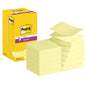 Ένα ανοιχτό κουτί με 3M Post-it® Super Sticky Z-Notes, Κίτρινο (76 x 76 mm), 90 φύλλα/μπλοκ, 12 μπλοκ/συσκευασία, PEFC-πιστοποιημένο από SGSCH-PEFC-COC-110078 δείχνει τακτικά τοποθετημένα κίτρινα σημειωματάρια δίπλα στο κουτί.