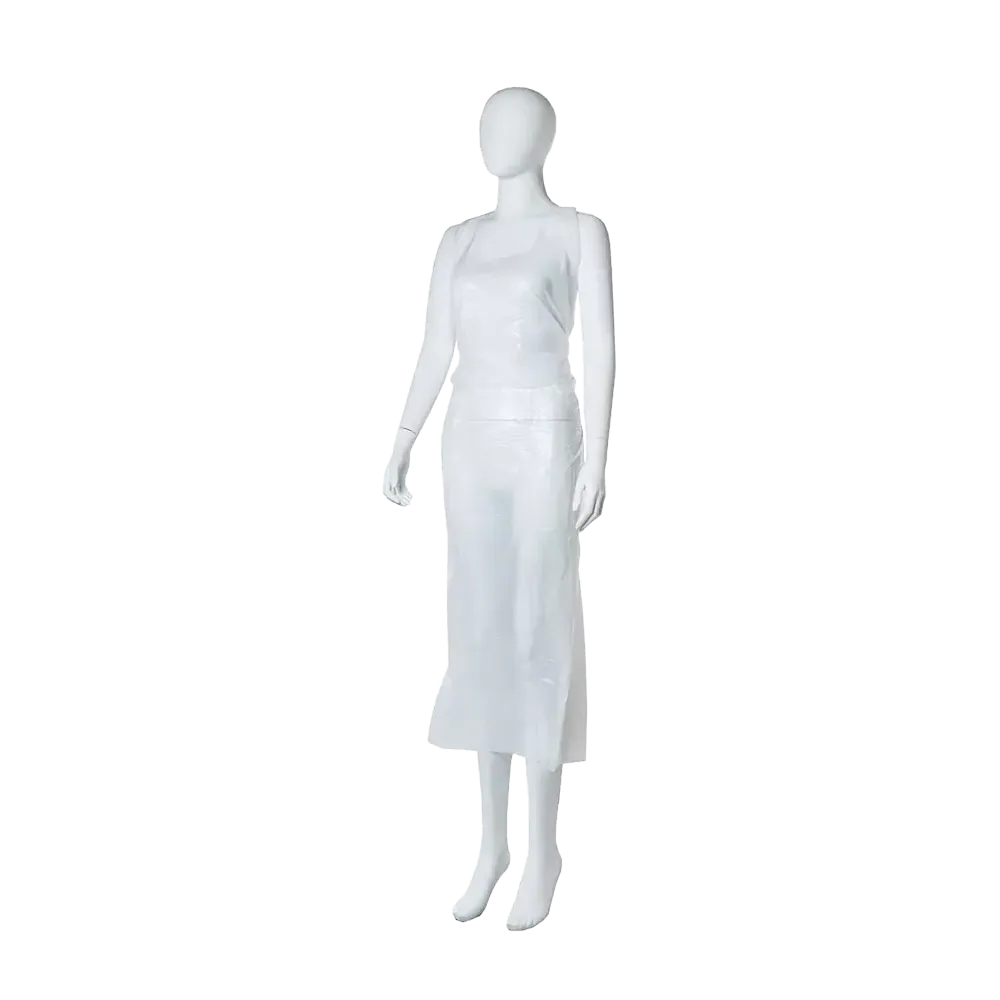 Eine weiße Schaufensterpuppe trägt eine lange, ärmellose, bis unter die Knie reichende MED-COMFORT PE Einwegschürze (100 x 140 cm, weiß) der AMPri Handelsgesellschaft mbH vor einem schlichten weißen Hintergrund. Karton enthält 70 Stück.