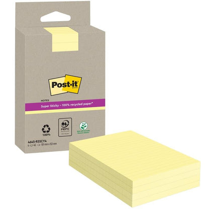 Απεικονίζεται μια συσκευασία Post-it® Super Sticky 100% Ανακυκλώσιμες Σημειώσεις της 3M Deutschland GmbH (κίτρινο, γραμμωτό, 102 x 152 mm, 45 φύλλα/μπλοκ, 4 μπλοκ/συσκευασία) με καφέ συσκευασία PEFC (SGSCH-PEFC-COC-110078) και κίτρινη ετικέτα.