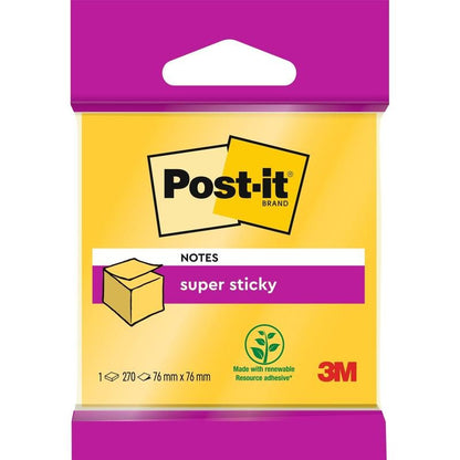 Μια συσκευασία Post-it® Super Sticky Notes κύβος, 76 mm x 76 mm, από την 3M Deutschland GmbH. Περιέχει 270 κίτρινα φύλλα, έχει μοβ κεφάλι και πόδι, το λογότυπο 3M και χρησιμοποιεί 100% PEFC-πιστοποιημένη κόλλα από ανανεώσιμες πρώτες ύλες.