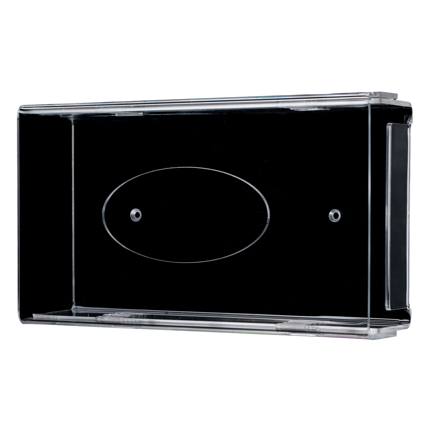 Η θήκη διανομής γαντιών μιας χρήσης AMPri είναι μια διαφανής, γαλακτώδης ακρυλική θήκη τοίχου (250 x 135 x 55-90 mm) με δύο τρύπες για βίδες και ένα οβάλ κεντρικό μέρος, απεικονισμένη σε λευκό υπόβαθρο.