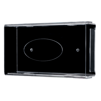 Η θήκη διανομής γαντιών μιας χρήσης AMPri είναι μια διαφανής, γαλακτώδης ακρυλική θήκη τοίχου (250 x 135 x 55-90 mm) με δύο τρύπες για βίδες και ένα οβάλ κεντρικό μέρος, απεικονισμένη σε λευκό υπόβαθρο.