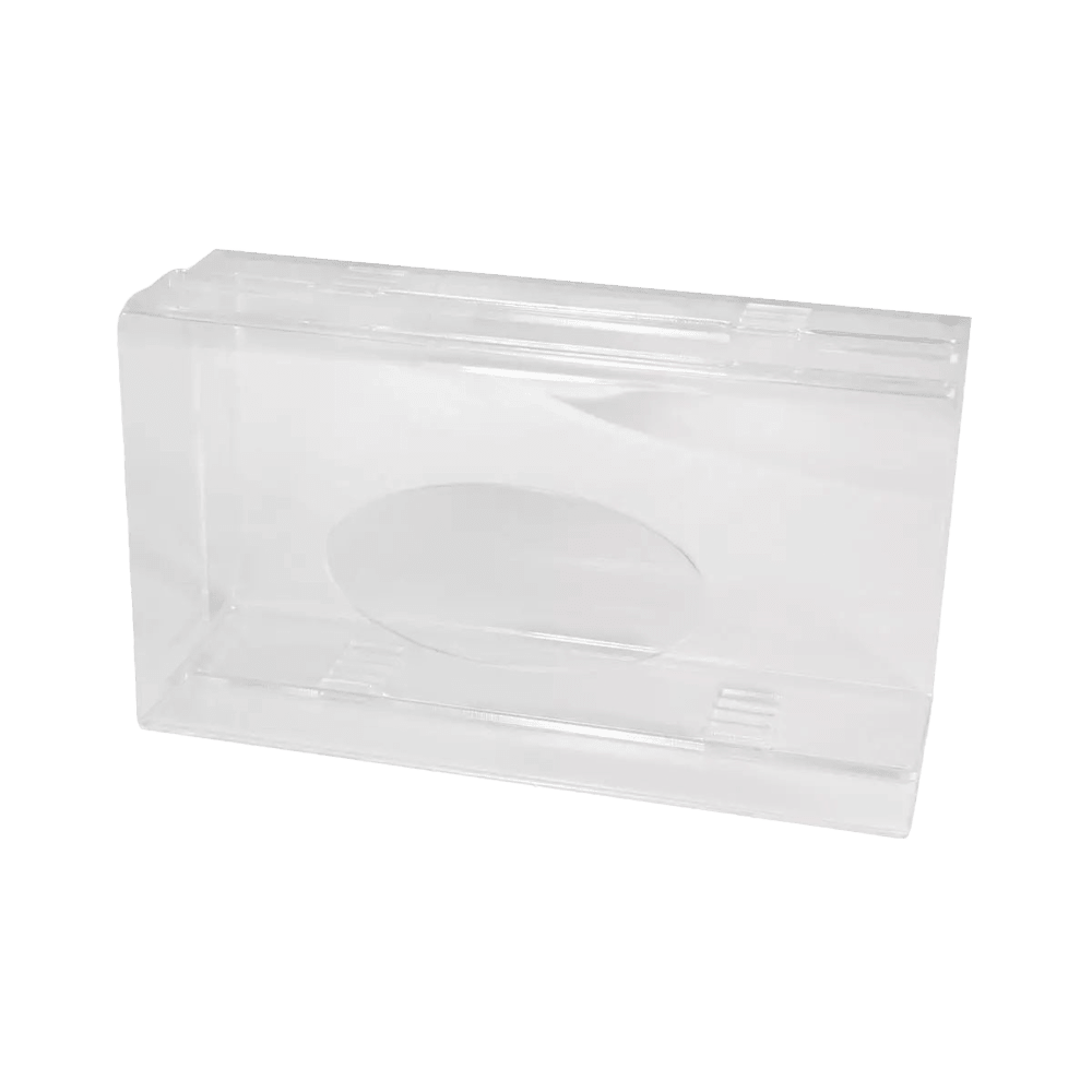 Μια διαφανής, γαλακτώδης ακρυλική θήκη διανομής γαντιών μιας χρήσης (250 x 135 x 55-90 mm) της AMPri Handelsgesellschaft mbH εμφανίζεται κλειστή και άδεια με ένα καπάκι μπροστά από ένα απλό λευκό υπόβαθρο, ιδανική για την οργανωμένη αποθήκευση γαντιών.