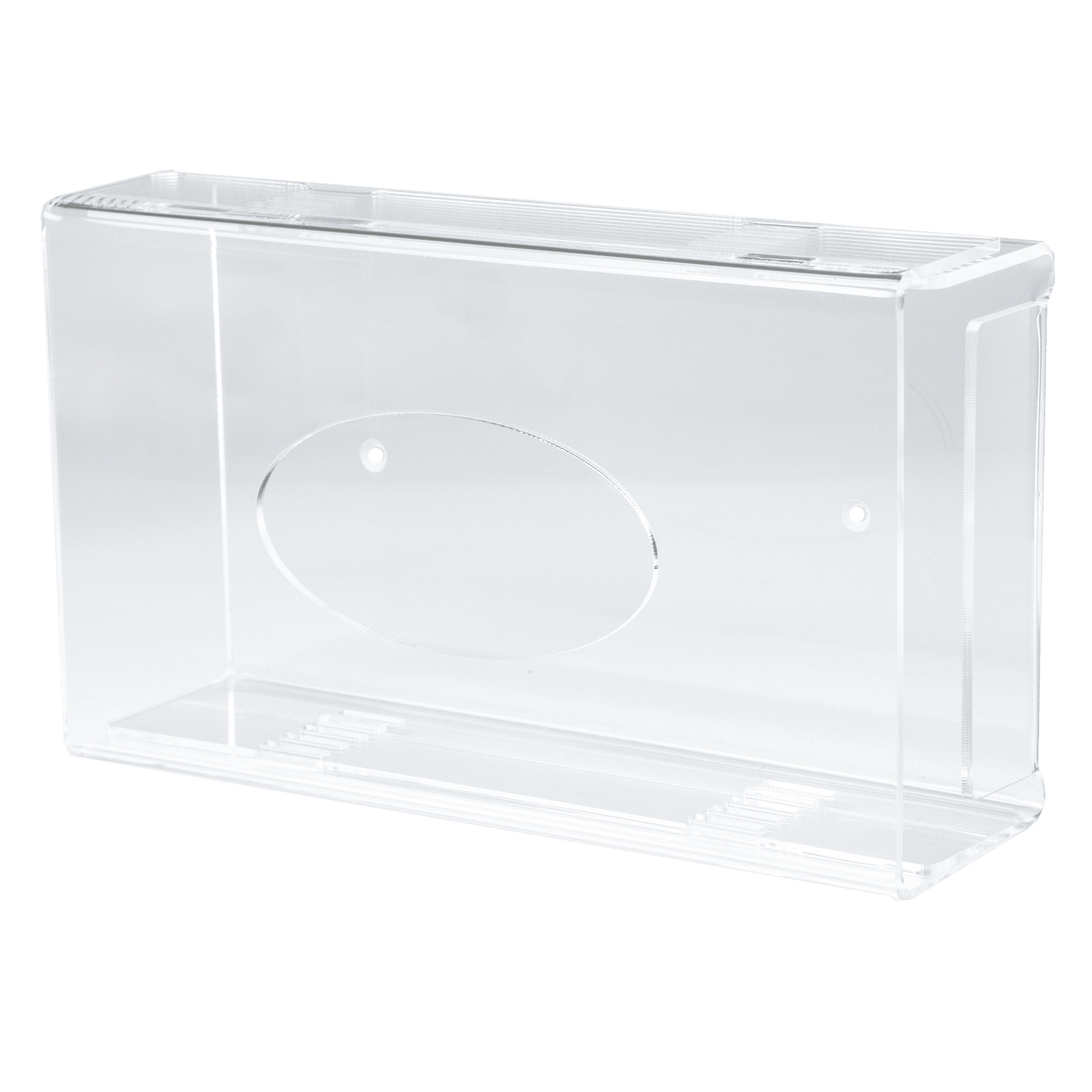 Η θήκη διανομής γαντιών μιας χρήσης AMPri είναι μια διαφανής, γαλακτώδης ακρυλική θήκη διανομής (250 x 135 x 55-90 mm) με λείες άκρες και μια οβάλ εσοχή στη μία πλευρά, απεικονισμένη σε ένα απλό λευκό υπόβαθρο.