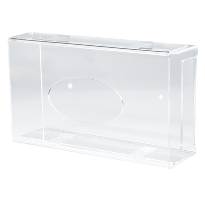 Η θήκη διανομής γαντιών μιας χρήσης AMPri είναι μια διαφανής, γαλακτώδης ακρυλική θήκη διανομής (250 x 135 x 55-90 mm) με λείες άκρες και μια οβάλ εσοχή στη μία πλευρά, απεικονισμένη σε ένα απλό λευκό υπόβαθρο.