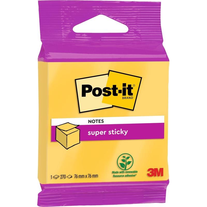 Μια συσκευασία Post-it® Super Sticky Notes κύβος από την 3M Deutschland GmbH, 76 mm x 76 mm, με ένδειξη 100% PEFC, περιέχει 270 φύλλα και είναι κίτρινη και μοβ με το λογότυπο ενός ανανεώσιμου πόρου τυπωμένο.