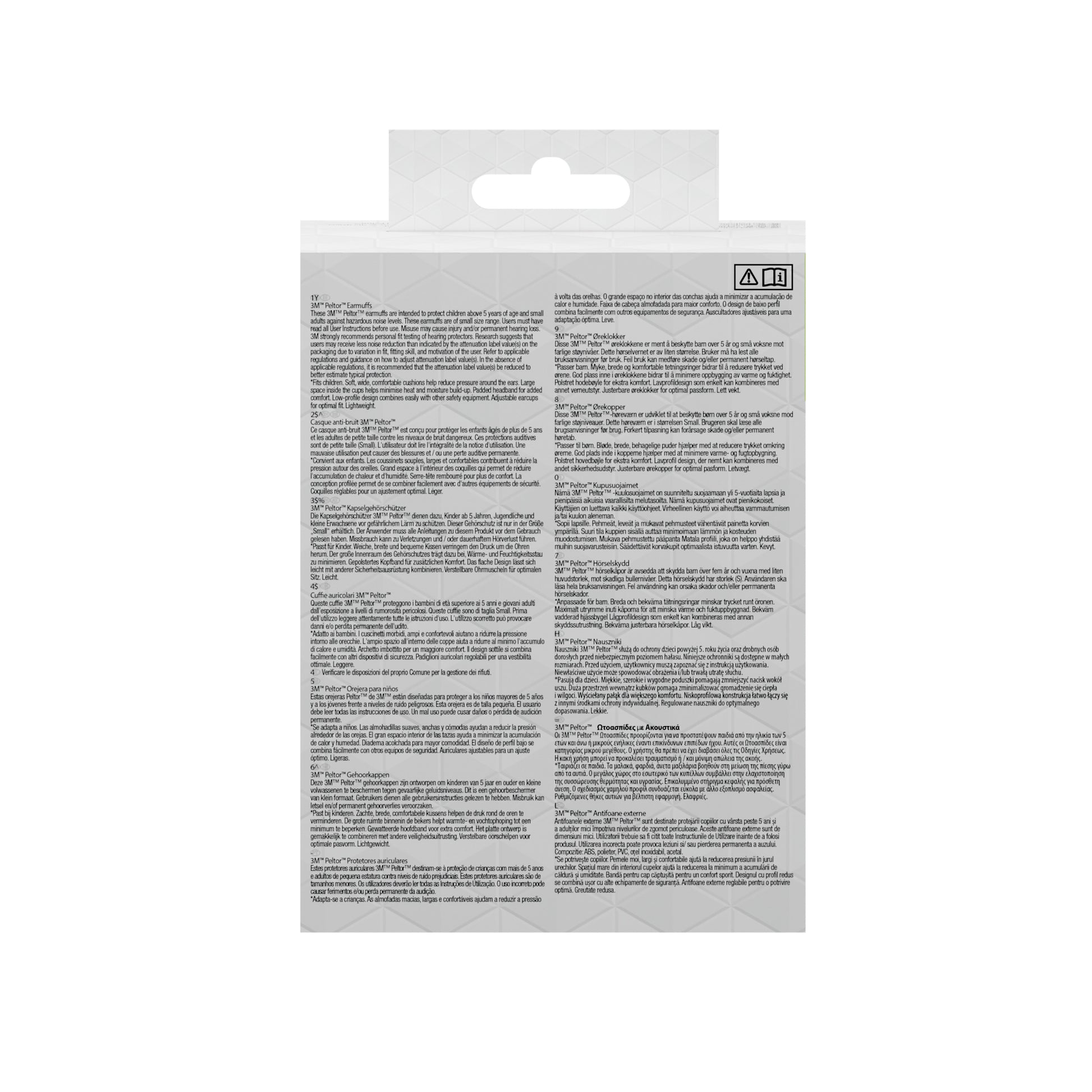 Das Bild zeigt die Rückseite einer 3M™ PELTOR™ Kapselgehörschutz für Kinder-Verpackung der 3M Deutschland GmbH mit Anweisungen, Warnhinweisen und Produktdetails in mehreren Sprachen auf weißem Hintergrund mit einem dezenten geometrischen Muster. Es ist kein Branding oder Produktname sichtbar.