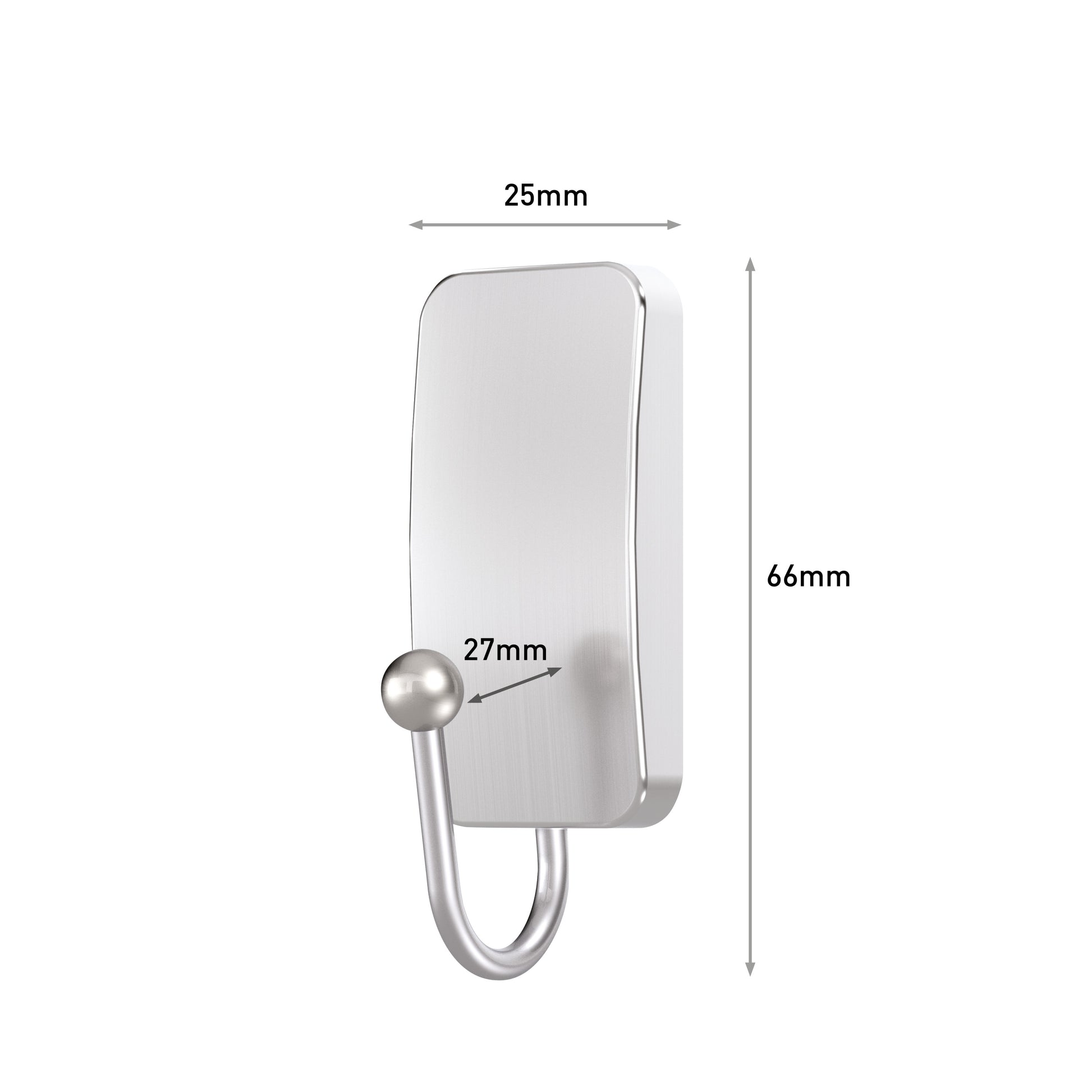 Der Command™ Metall-Haken Bad, schmal, Satin Nickel von 3M Deutschland GmbH verfügt über eine 25mm x 66mm große rechteckige Rückwand und einen abgerundeten Haken (27mm), ideal für Badezimmer Aufbewahrung. Der Hintergrund ist schlicht weiß.