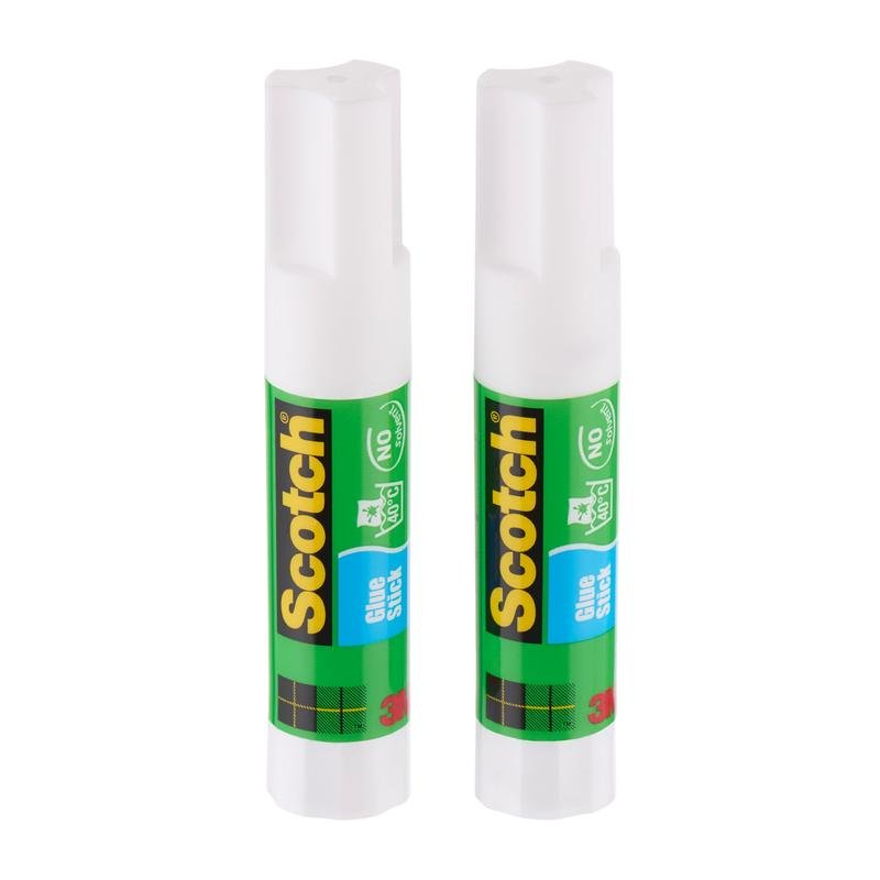 Δύο όρθια Scotch® Μόνιμα Στικ Κόλλας (2 στικ, 8 g) της 3M Deutschland GmbH με πράσινες ετικέτες και λευκά καπάκια, απεικονισμένα σε λευκό φόντο. Ιδανικό ως στικ κόλλας για χαρτί χάρη στην ισχυρή κόλλα.