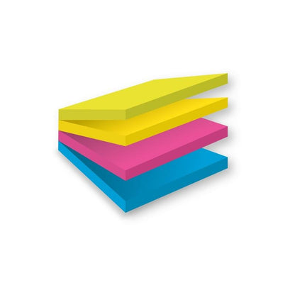 Μια στοίβα από τέσσερις κύβους 3M Post-it® Super Sticky Easy Select (76x76mm, 75 φύλλα/μπλοκ) σε διάφορα χρώματα, ελαφρώς ανοιγμένοι σε λευκό φόντο. PEFC-πιστοποιημένο. 4 μπλοκ ανά συσκευασία από την 3M Deutschland GmbH.