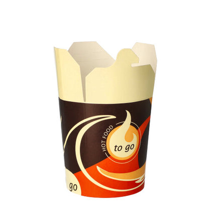 Die Starpak 50 Snackboxen "To Go" eckig - 550 ml von Starpak sind Pappbehälter für Essen zum Mitnehmen mit beige-braun-orangefarbenem Design und den Aufschriften „To Go“ und „Warm Food“. Abgebildet ist sie leer mit teilweise geöffneten Deckelklappen vor weißem Hintergrund.