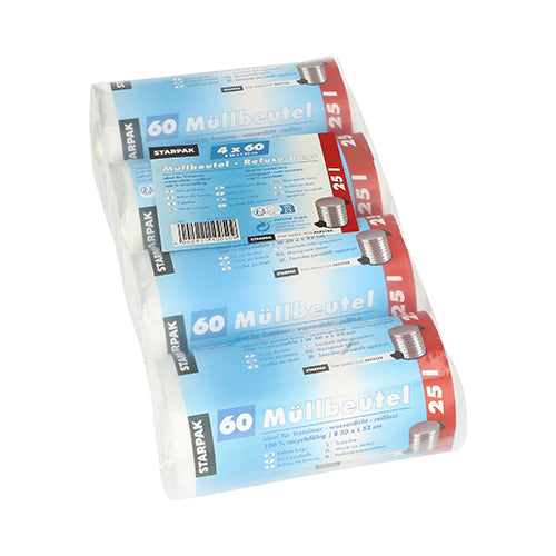 Τέσσερις ρολά Starpak 240 σακούλες απορριμμάτων, HDPE 25 l (52 x 50 cm), με 60 διαφανείς σακούλες το καθένα, παραδίδονται σε διάφανη πλαστική συσκευασία με μπλε και κόκκινες γερμανικές ετικέτες – ιδανικό για υγιεινή απόρριψη απορριμμάτων.