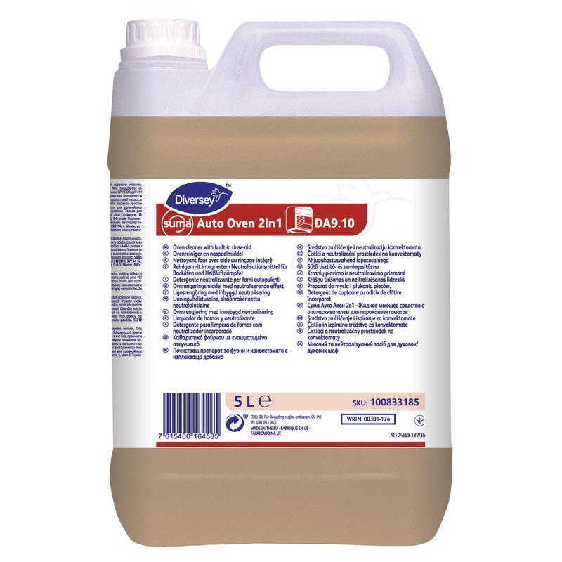 Ένα δοχείο 5 λίτρων της Diversey Deutschland GmbH & Co. OHG Suma Auto Oven 2in1 DA9.1, συνδυαστικό προϊόν για αυτόματο καθαρισμό φούρνων, φέρει μια λευκή-μπλε ετικέτα που περιέχει λεπτομέρειες προϊόντος και οδηγίες σε πολλές γλώσσες.