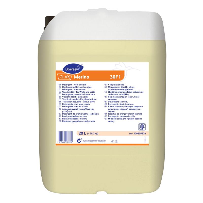 Το ειδικό απορρυπαντικό 20L Clax Merino 30F1 από την Diversey Deutschland GmbH & Co. OHG είναι ιδανικό για ευαίσθητα υφάσματα όπως μαλλί και μετάξι. Με λευκό καπάκι, πολυγλωσσική ετικέτα και οδηγίες χρήσης.