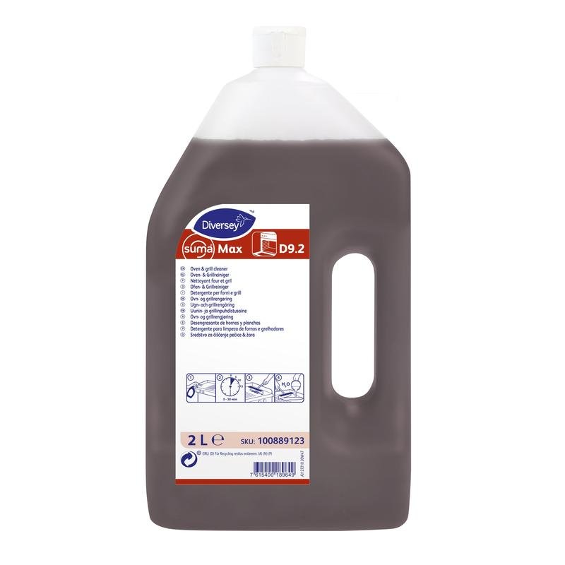 Ένα μπουκάλι 2 λίτρων Diversey Suma Max D9.2, καθαριστικό για φούρνους και ψησταριές (χωρίς υποχρεωτική επισήμανση) της Diversey Deutschland GmbH & Co. OHG, με λαβή και λευκό πώμα· η μπροστινή ετικέτα περιλαμβάνει οδηγίες χρήσης και πληροφορίες για το προϊόν σε διάφορες γλώσσες.