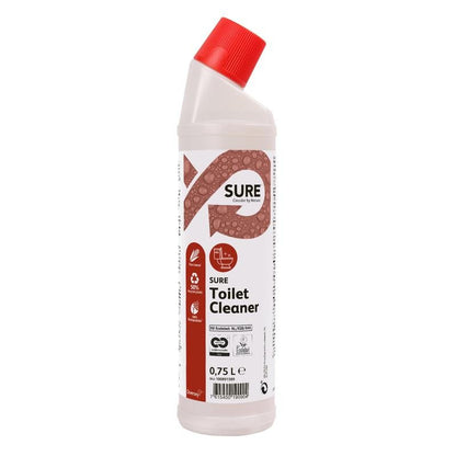 Ένα λευκό πλαστικό μπουκάλι 0,75L SURE Toilet Cleaner, WC & Urinalreiniger της Diversey Deutschland GmbH & Co. OHG, με κόκκινο γωνιακό καπάκι και κόκκινη-λευκή ετικέτα, εξασφαλίζει αποτελεσματικό καθαρισμό των τουαλετών και ουρητηρίων.