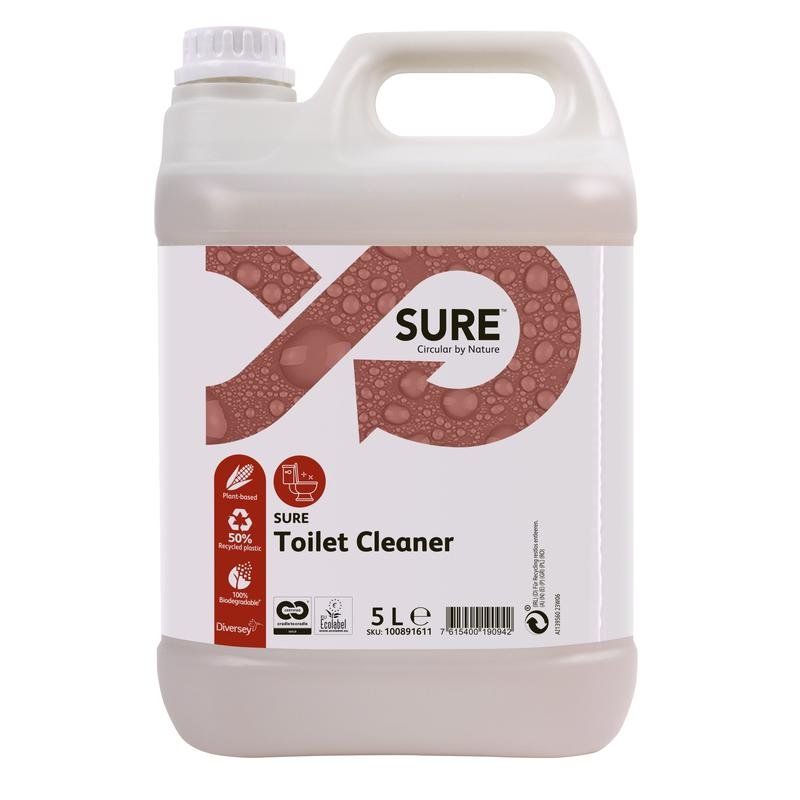 Ένα πλαστικό δοχείο 5 λίτρων με SURE Toilet Cleaner, WC & Urinalreiniger από την Diversey Deutschland GmbH & Co. OHG με λευκό βιδωτό καπάκι και λαβή, διακοσμημένο με ένα καφέ σύμβολο του απείρου, φυσαλίδες, το όνομα του προϊόντος και σύμβολα για αποτελεσματικό καθαρισμό.