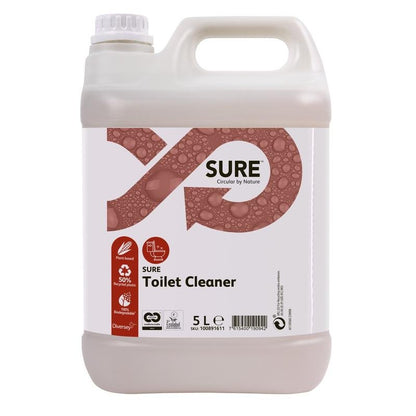 Ένα πλαστικό δοχείο 5 λίτρων με SURE Toilet Cleaner, WC & Urinalreiniger από την Diversey Deutschland GmbH & Co. OHG με λευκό βιδωτό καπάκι και λαβή, διακοσμημένο με ένα καφέ σύμβολο του απείρου, φυσαλίδες, το όνομα του προϊόντος και σύμβολα για αποτελεσματικό καθαρισμό.