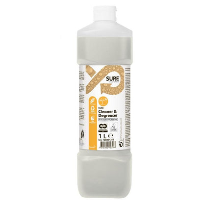Ένα μπουκάλι 1 λίτρου SURE Cleaner & Degreaser (απολιπαντικό) από την Diversey Deutschland GmbH & Co. OHG, με λευκό καπάκι και μπεζ ετικέτα, είναι ιδανικό για τον καθαρισμό και την απολίπανση επιφανειών ανθεκτικών στο νερό.