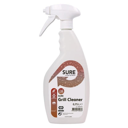 Ένα λευκό μπουκάλι ψεκασμού 0,75 λίτρων SURE Grill Cleaner από την Diversey Deutschland GmbH & Co. OHG με καμπυλωτή λαβή και ακροφύσιο ενεργοποίησης. Η ετικέτα δείχνει φυσαλίδες, φιλικά προς το περιβάλλον σύμβολα και πληροφορίες για την αποτελεσματική καθαριότητα καμένων υπολειμμάτων.