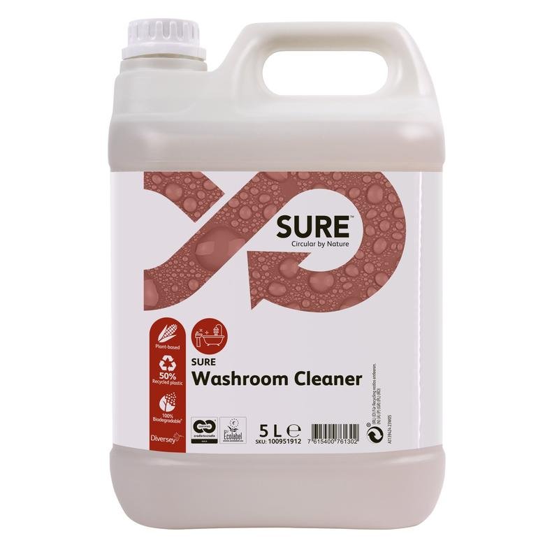 Ένα πλαστικό δοχείο 5 λίτρων SURE Washroom Cleaner Sanitärreiniger της Diversey Deutschland GmbH & Co. OHG, με λευκό περίβλημα και καπάκι, καφέ γραφικά ετικέτας με φυσαλίδες, πλεονεκτήματα υγιεινής καθαριότητας και βιοδιασπώμενη φόρμουλα.