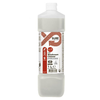 Ένα πλαστικό μπουκάλι 1 λίτρου SURE Washroom Cleaner Sanitärreiniger της Diversey Deutschland GmbH & Co. OHG έχει λευκό καπάκι, διαυγές υγρό και λευκή ετικέτα με λεπτομέρειες προϊόντος, οδηγίες, σύμβολα και τη βιοδιασπώμενη φόρμουλά του για υγιεινή καθαριότητα.