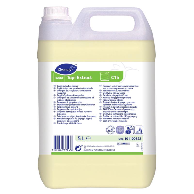 Ένα δοχείο 5 λίτρων Diversey TASKI Tapi Extract καθαριστικό εκχύλισης χαλιών με τεχνολογία O.N.T., πιστοποιημένο με σφραγίδα μαλλιού, διαθέτει λαβή μεταφοράς και πολυγλωσσική ετικέτα με πληροφορίες προϊόντος και οδηγίες.