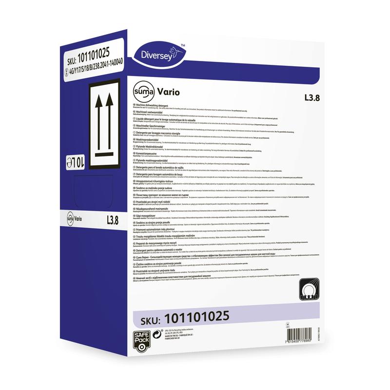 Ένα ορθογώνιο κουτί Diversey Suma Vario L3.8 καθαριστικού πιάτων με λευκαντικό χωρίς μυρωδιά χλωρίου (SKU 101101025) από την Diversey Deutschland GmbH & Co. OHG δείχνει λεπτομέρειες προϊόντος, γραμμωτούς κώδικες, μαύρα βέλη προς τα πάνω και σημάδια χωρητικότητας σε ένα λευκό-μπλε φόντο.