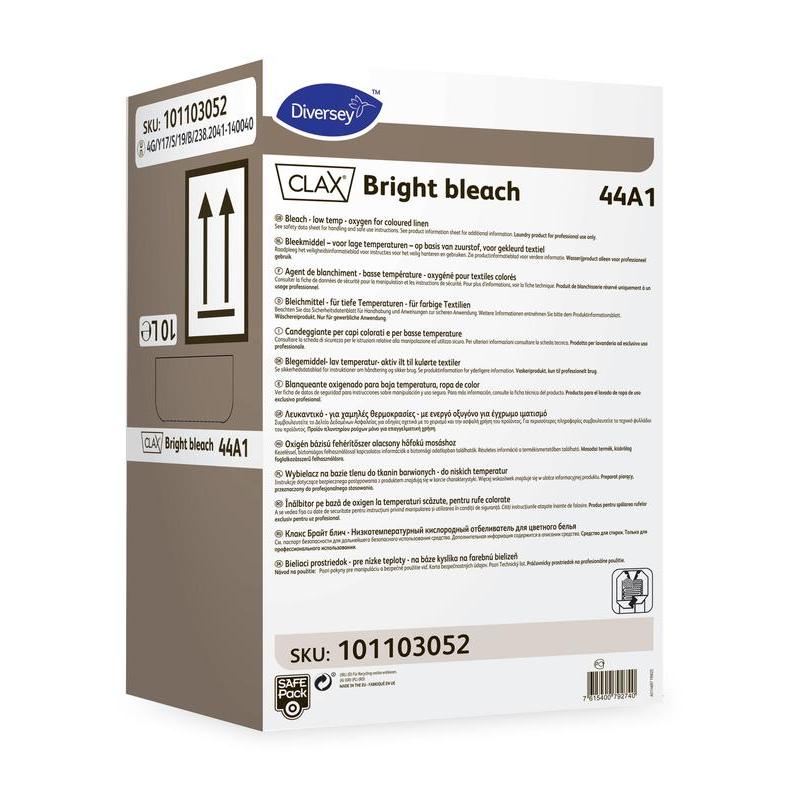 Ένα ορθογώνιο δοχείο με την επιγραφή «Clax Bright Bleach 44A1 Λευκαντικό για χρωματιστά ρούχα» από την Diversey Deutschland GmbH & Co. OHG, με πολυγλωσσικές πληροφορίες προϊόντος, οδηγίες και προειδοποιήσεις. Αποτελεσματικό για χρωματιστά ρούχα και επίμονους λεκέδες. Αριθμός προϊόντος: 101103052.