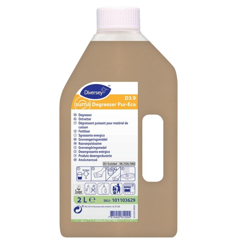 Ένα μπουκάλι 2 λίτρων Suma Degreaser Pur-Eco D3.9 απολιπαντικό από την Diversey Deutschland GmbH & Co. OHG, με μπεζ υγρό, φιλικά προς το περιβάλλον εικονογράμματα, πληροφορίες προϊόντος, οδηγίες στην ετικέτα και περιλαμβάνει κεφαλή ψεκασμού.