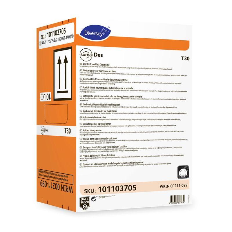 Ένα ορθογώνιο κουτί Diversey Suma Des T30, συστατικό λεύκανσης της Diversey Deutschland GmbH & Co. OHG είναι κυρίως λευκό με πορτοκαλί και μπλε τόνους, πολυγλωσσικές οδηγίες καθώς και σύμβολα κινδύνου και αποστολής στην μπροστινή πλευρά.